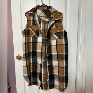 Women’s Size Large Plaid Print Long Vest Jacket Sleeveless in Brown Plaid